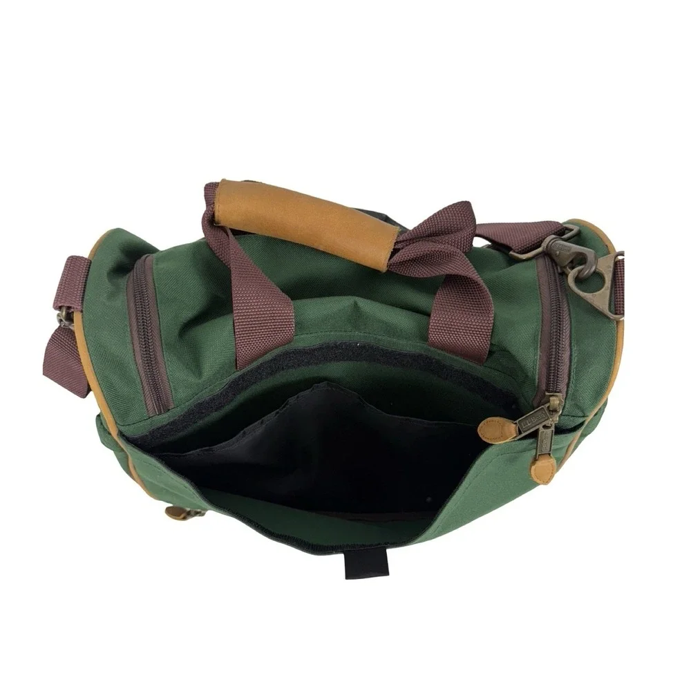 LL Bean Duffle Bag Carry On Small Green Canvas & Leather Straps Vintage